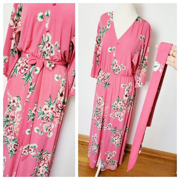 !!SOLD!! New York & Company Pink Floral Belted Maxi Dress w Kimono Style Sleeves - Picture 11 of 16